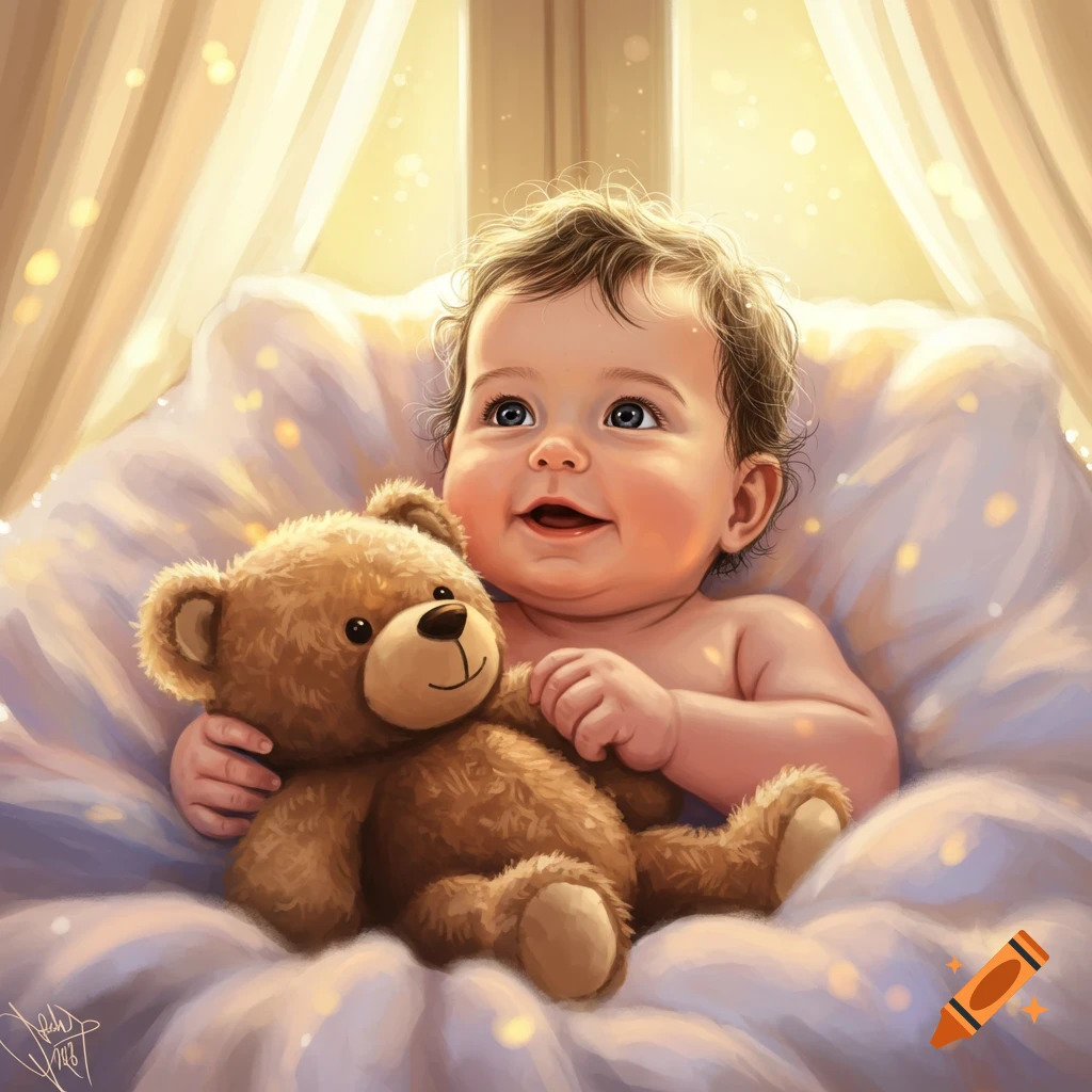 A happy baby with curly hair smiles while holding a brown teddy bear, sitting on soft white bedding bathed in warm, glowing light.