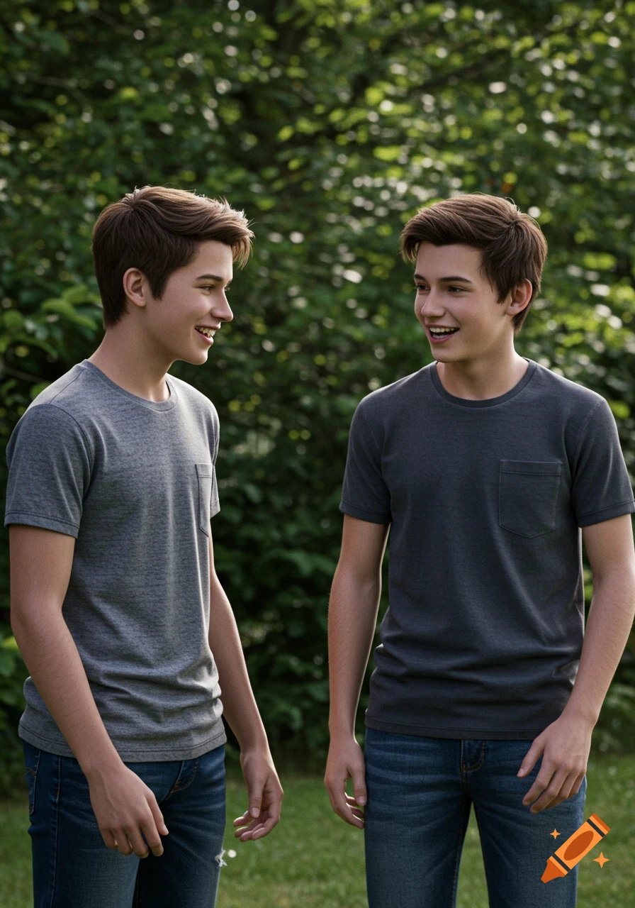 Two photorealistic teenage boys with friendly expressions talking outdoors against a green background.