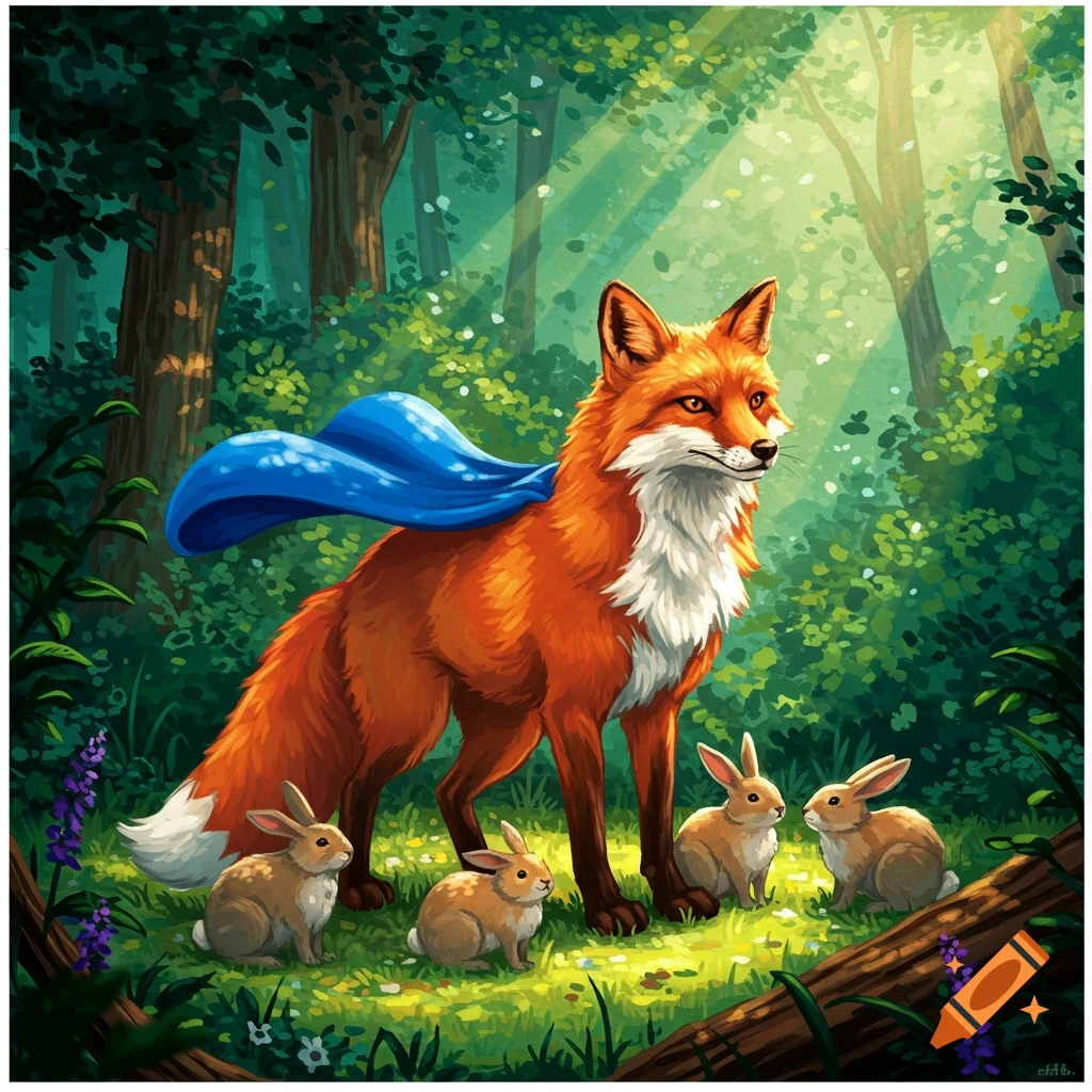 An illustrated superhero fox in a blue cape stands in a sunny forest with three rabbits.