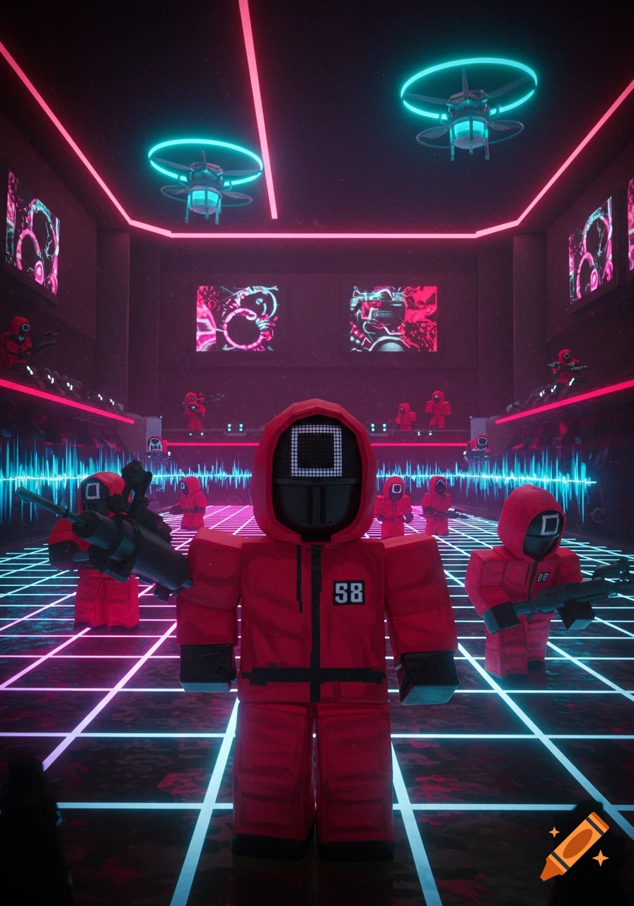Roblox-style Squid Game guards in a neon-lit, futuristic room with a grid floor and drones, one guard in the foreground holding a gun.