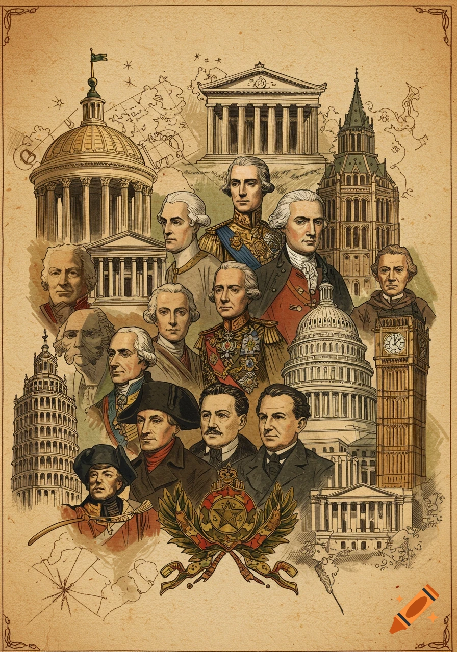 An antique-style collage illustration featuring portraits of various historical figures and famous architectural landmarks like the US Capitol, Big Ben, and the Leaning Tower of Pisa.