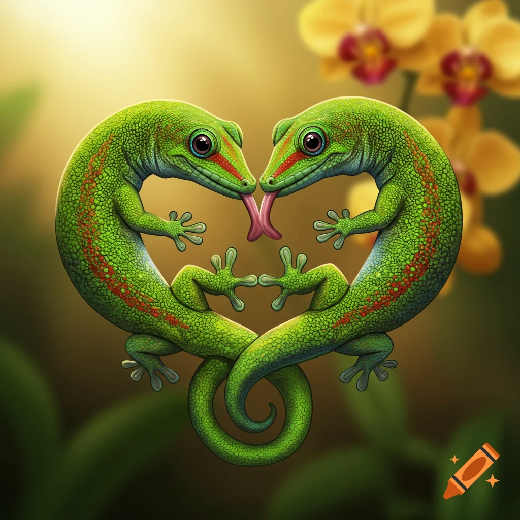 Two detailed, vibrant green geckos with red and blue markings form a heart shape, one licking the other's eye, on a blurred tropical background.