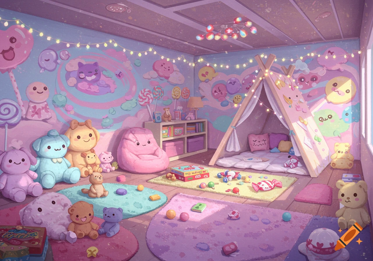 A whimsical, pastel-colored kidcore room filled with plush toys, lollipops, a play tent, and string lights, depicted in a soft, illustrative style.
