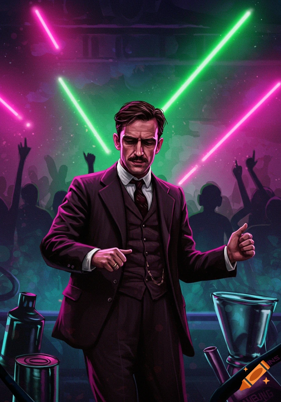 A man with a mustache in a suit and vest dances at a neon-lit rave, with silhouetted figures in the background.