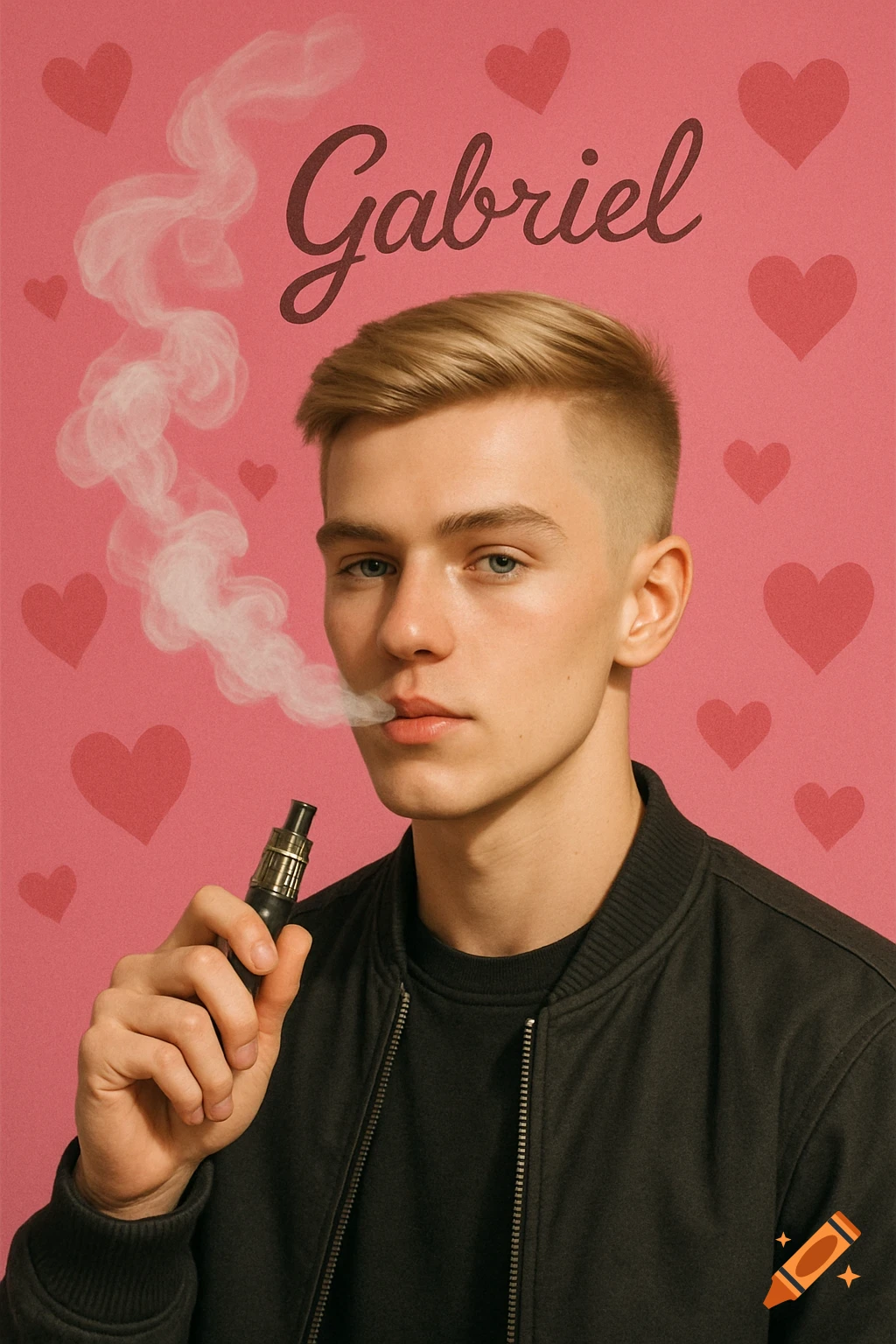 Photorealistic portrait of a blonde young man vaping, against a pink background with red hearts and 'Gabriel' in cursive.