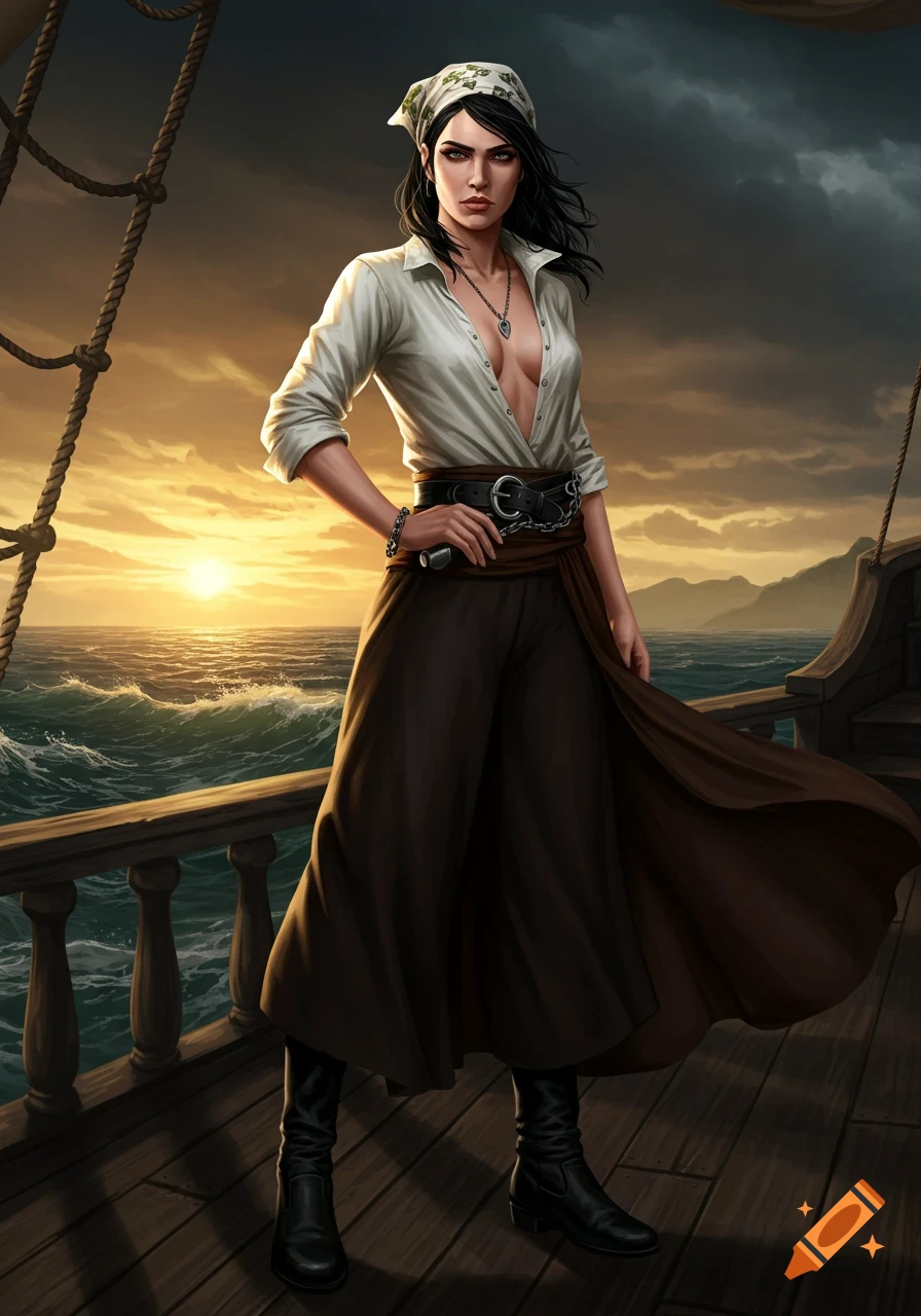 A dark-haired female pirate stands on a ship's deck at sunset, wearing ...