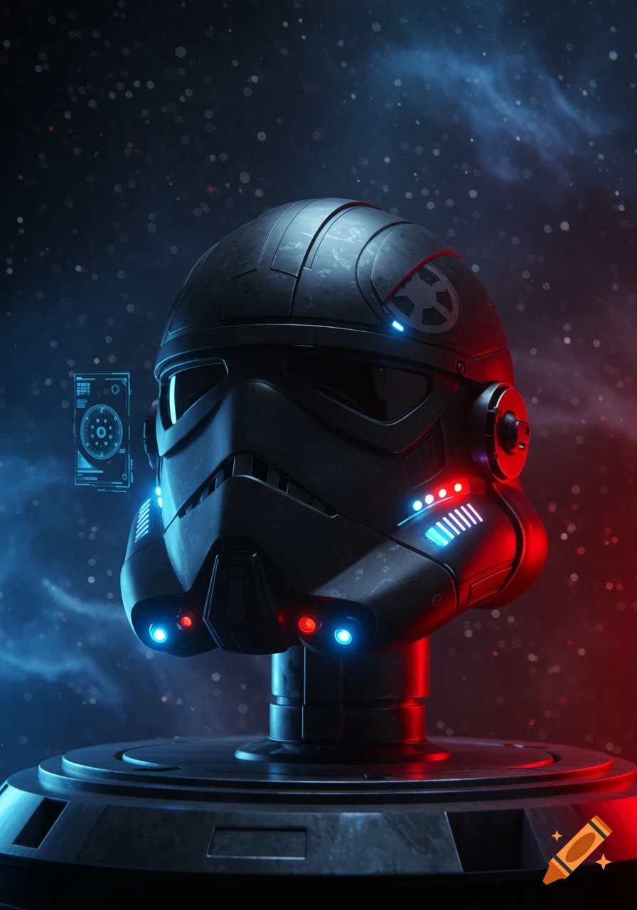 Photorealistic black TIE Fighter pilot helmet with glowing red and blue lights on a stand against a starry, nebulae-filled space background.