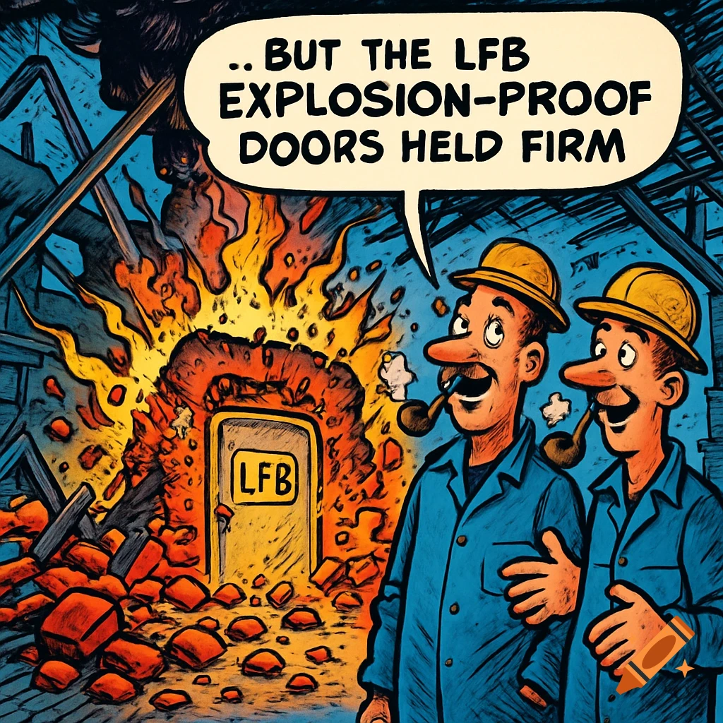 A comic illustration of two smiling workers observing an LFB explosion-proof door intact amidst a fiery industrial explosion.