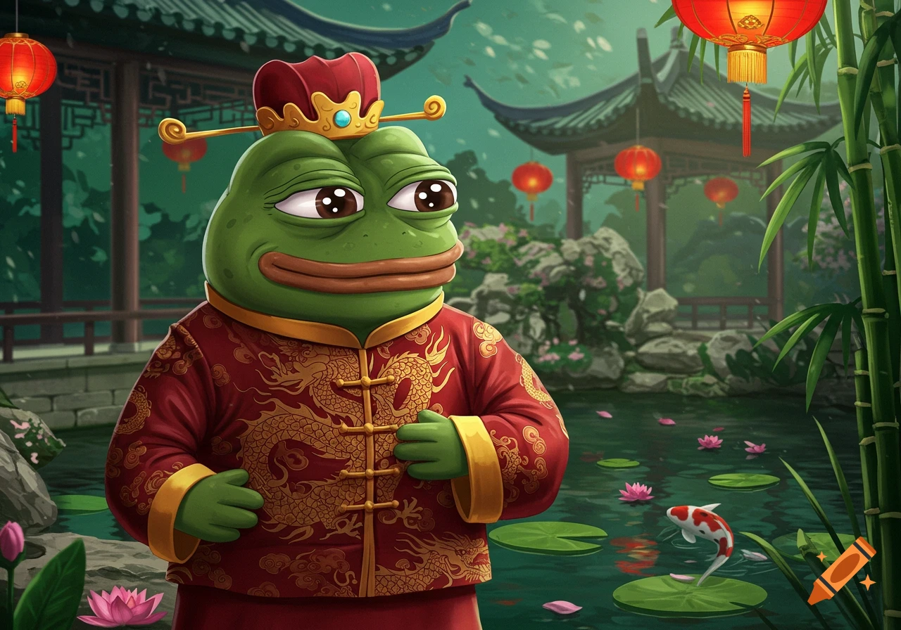 Pepe the Frog wears a red traditional Chinese robe and crown, standing in a lush Chinese garden with a pond, lotus flowers, bamboo, red lanterns, and pagodas.