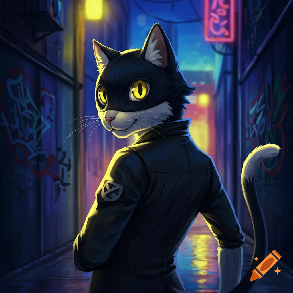 An anthropomorphic black and white cat wearing a leather jacket looks back over its shoulder in a neon-lit urban alley at night.