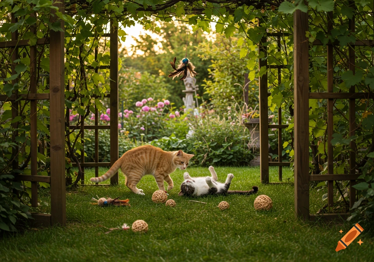 Two cats play in a lush green garden under a wooden arbor, one orange ...