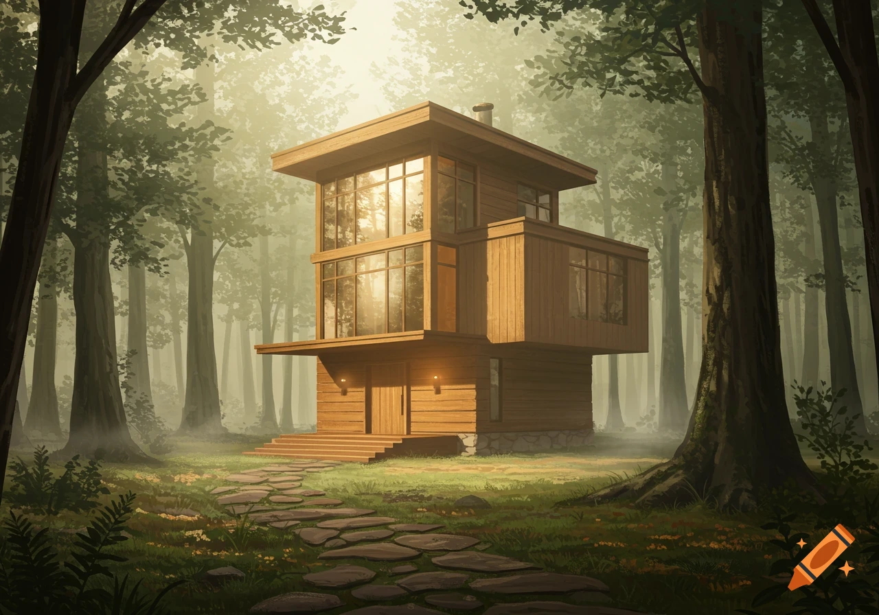 A modern two-story wooden house with large windows in a misty forest, a stone path leading to its entrance.