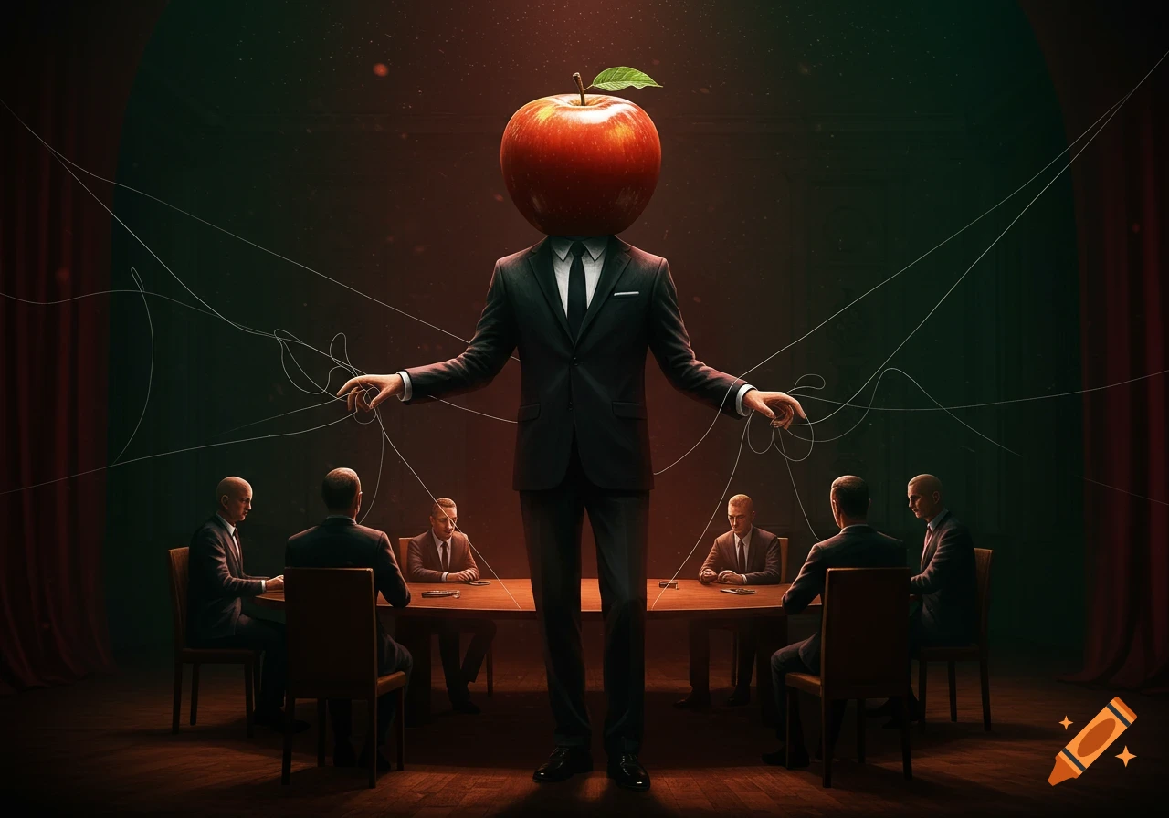 A surreal man with an apple head in a suit manipulates other men in suits with invisible strings in a dark, theatrical setting.