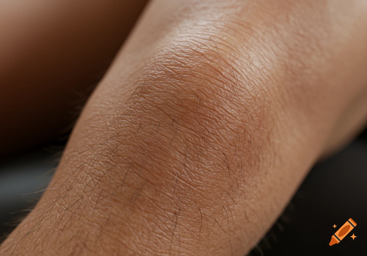 Extreme close-up, high-detail photorealistic shot of a human kneecap with visible skin texture and fine hairs.