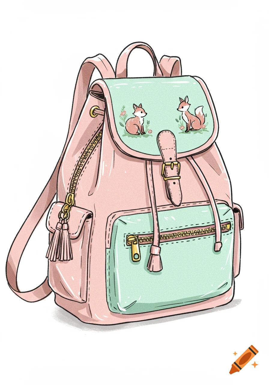 A cute light pink and mint green backpack illustration with two sitting foxes and floral accents on the flap.