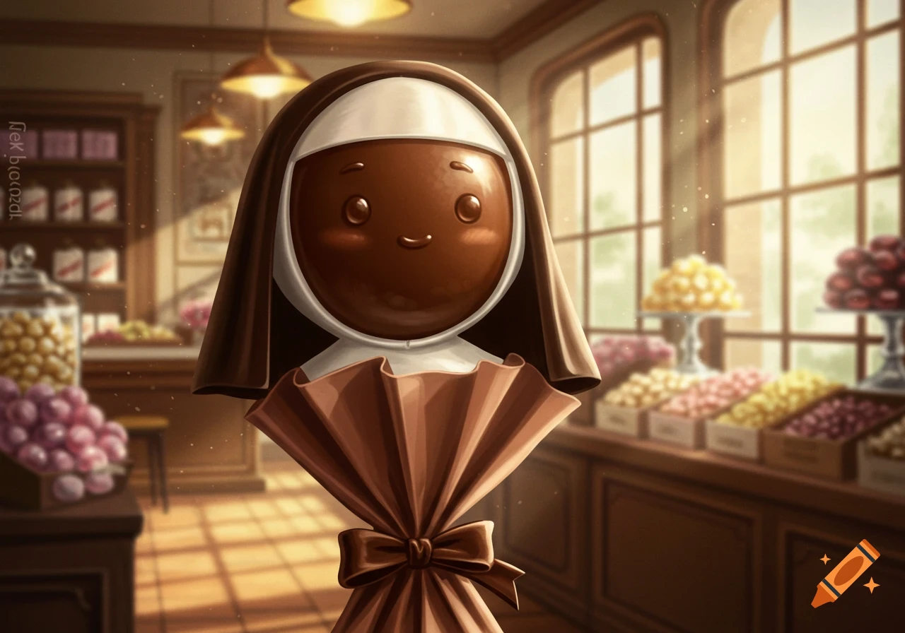A cute chocolate lollipop in a nun's habit with a happy face, stands in a warm, inviting candy shop.