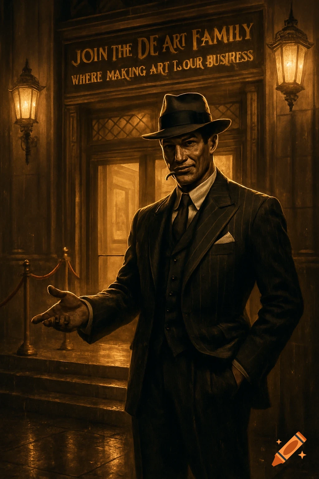 A man in a fedora and pinstripe suit, resembling a mobster, stands on a rainy street in front of a building with glowing lanterns and a sign.