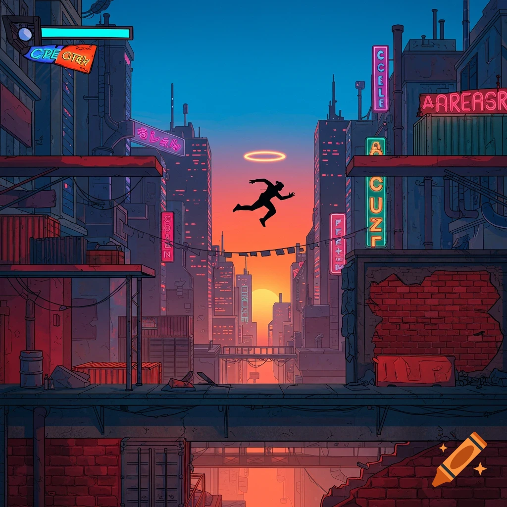 A silhouetted person with a halo jumps between futuristic city buildings with neon signs at sunset, in a 2D game art style.