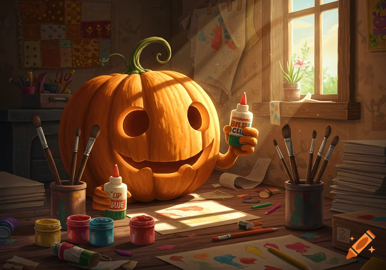 A cheerful jack-o'-lantern pumpkin holds a glue bottle at a sunlit art desk with paints, brushes, and colorful papers.