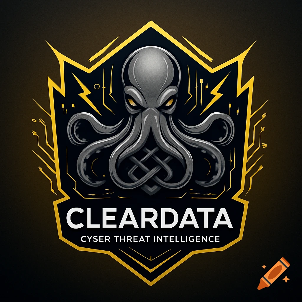 A black and yellow logo featuring a gray octopus with yellow eyes, lightning bolts, and circuit patterns, with 'CLEARDATA CYBER THREAT INTELLIGENCE' text.