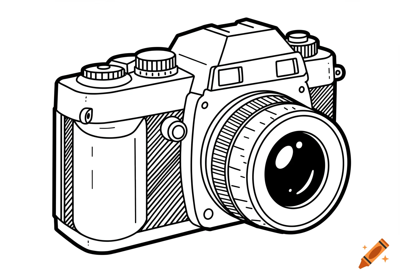 A black and white cartoon-style clip art drawing of a vintage camera, viewed from a slight angle.