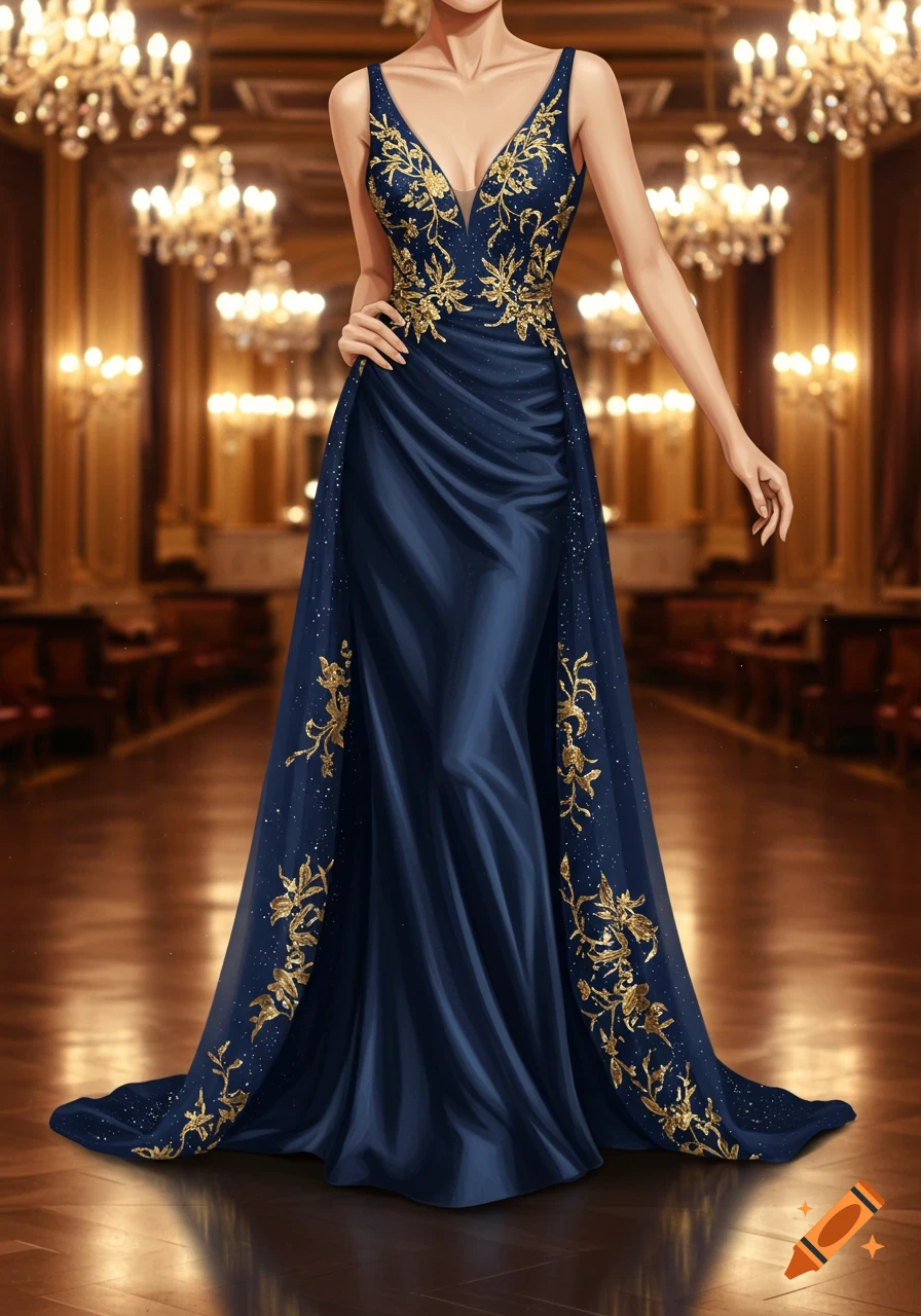 A woman in a navy blue and gold embroidered ball gown stands elegantly in a grand hall with chandeliers.