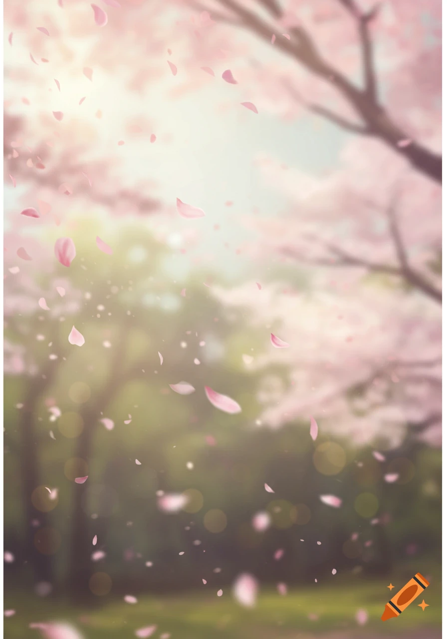 Blurred background with pink cherry blossom petals falling, soft sunlight through trees.