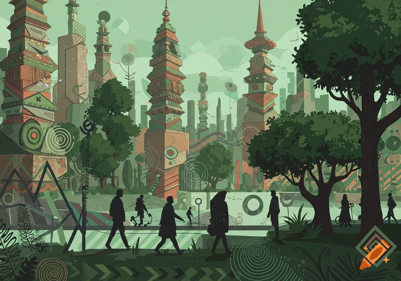 A stylized, geometric cityscape with tall, patterned buildings and silhouetted people walking in an urban park scene.