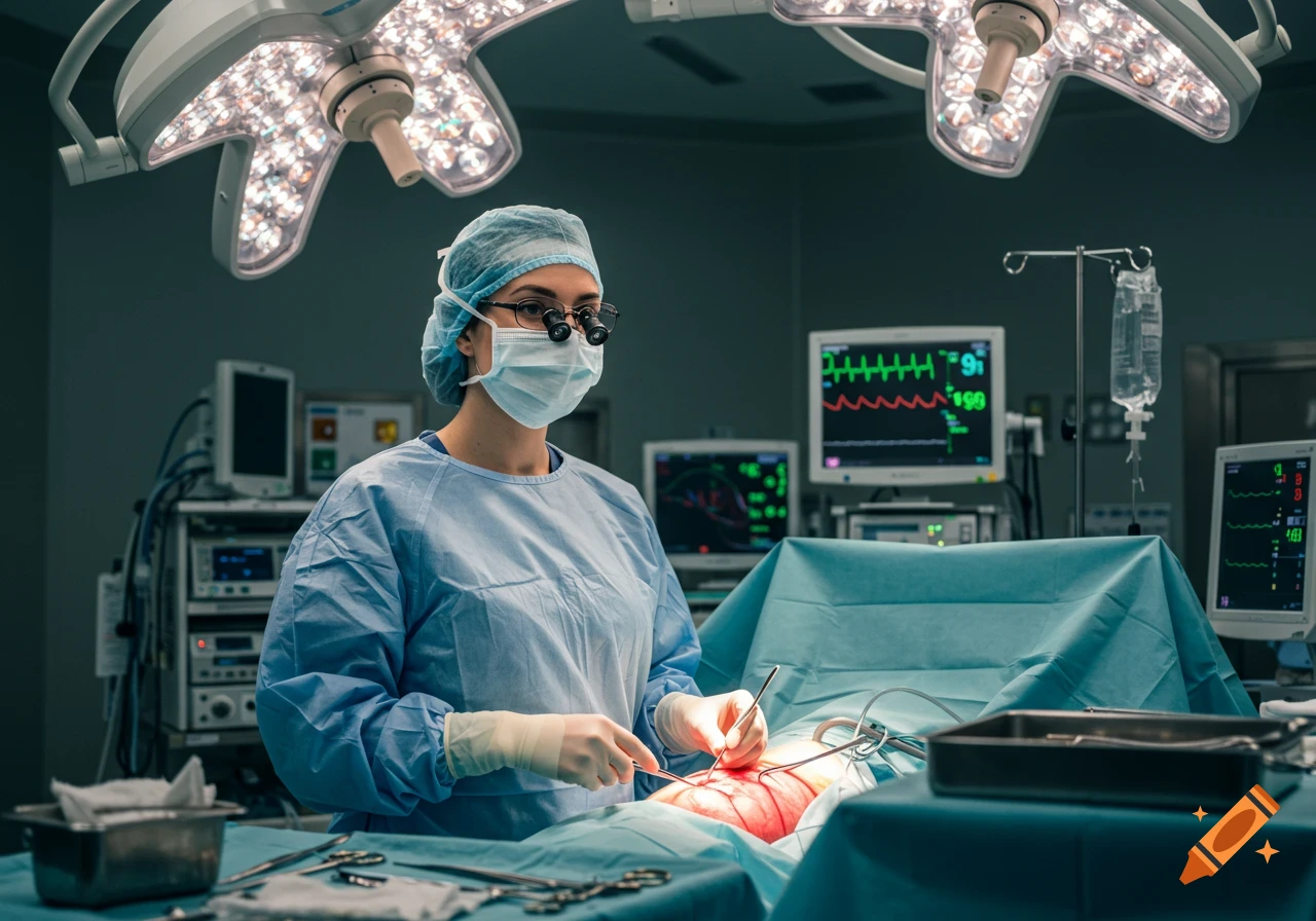 A female surgeon in scrubs and magnifying glasses performs heart surgery in an operating room with medical monitors. Photorealistic.