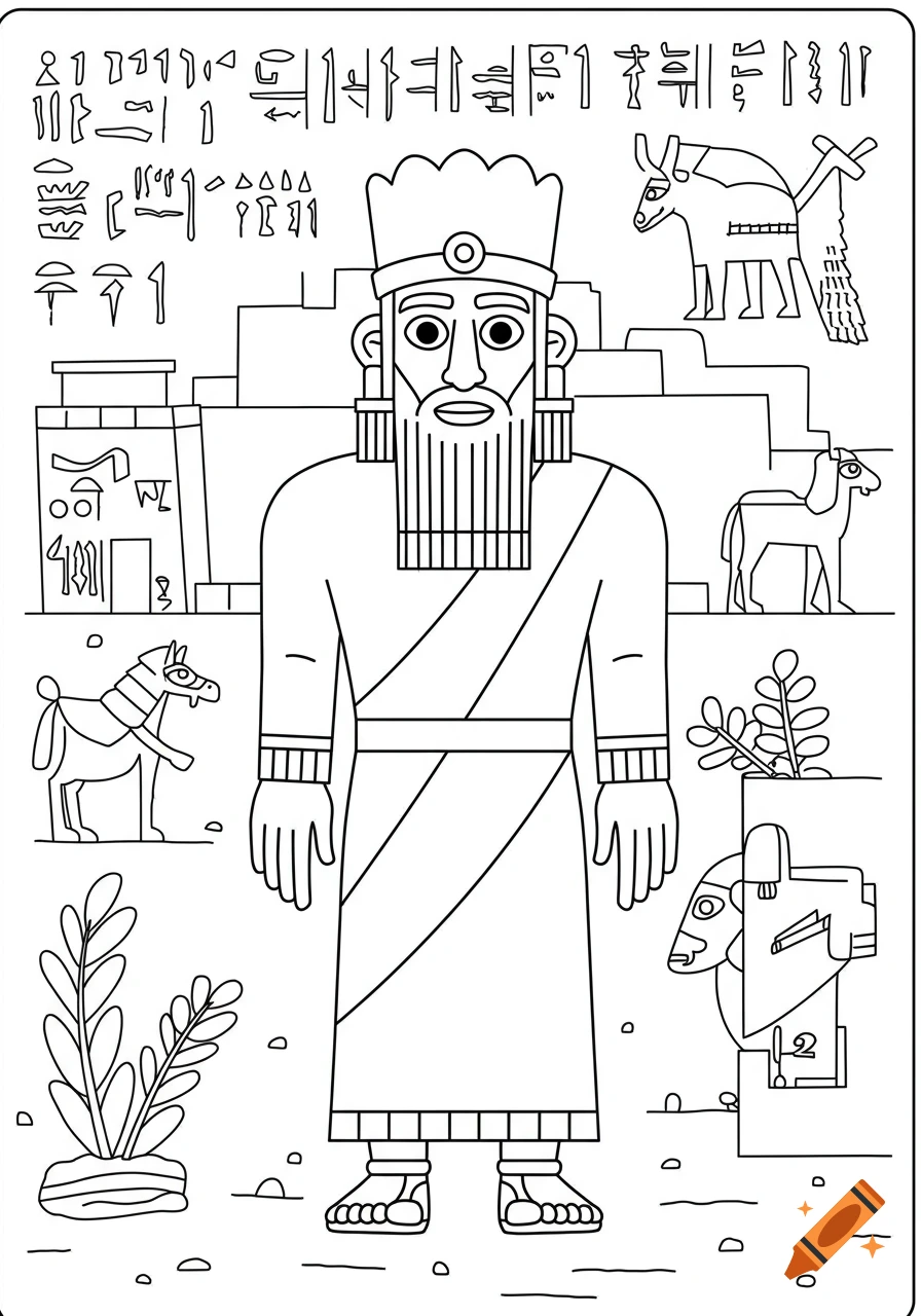 A black and white coloring page showing a stylized Gilgamesh in ancient attire, surrounded by ancient animals, structures, plants, and hieroglyph-like symbols.