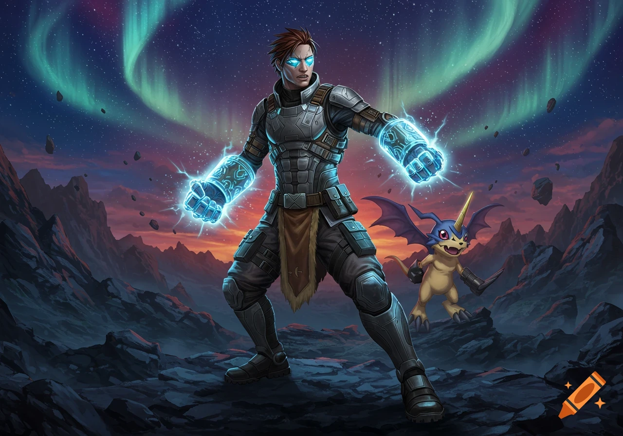 A man in futuristic armor with glowing blue energy fists and eyes stands with a horned, winged Digimon-like creature on a rocky alien world under an aurora sky. Digital art.