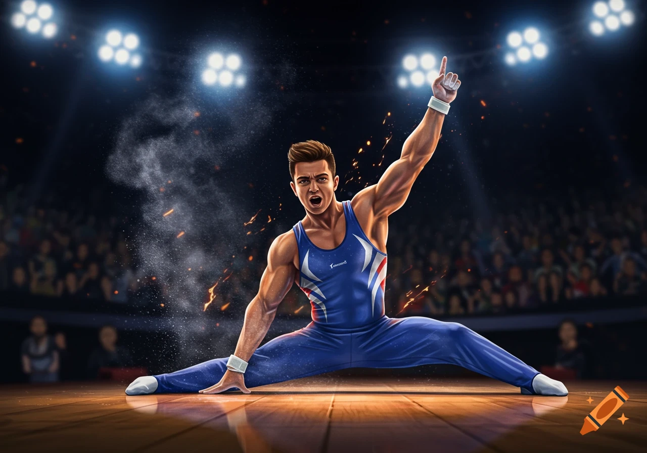Muscular male gymnast in a blue leotard performs a split on a wooden stage, raising his arm in a triumphant pose under stadium lights.