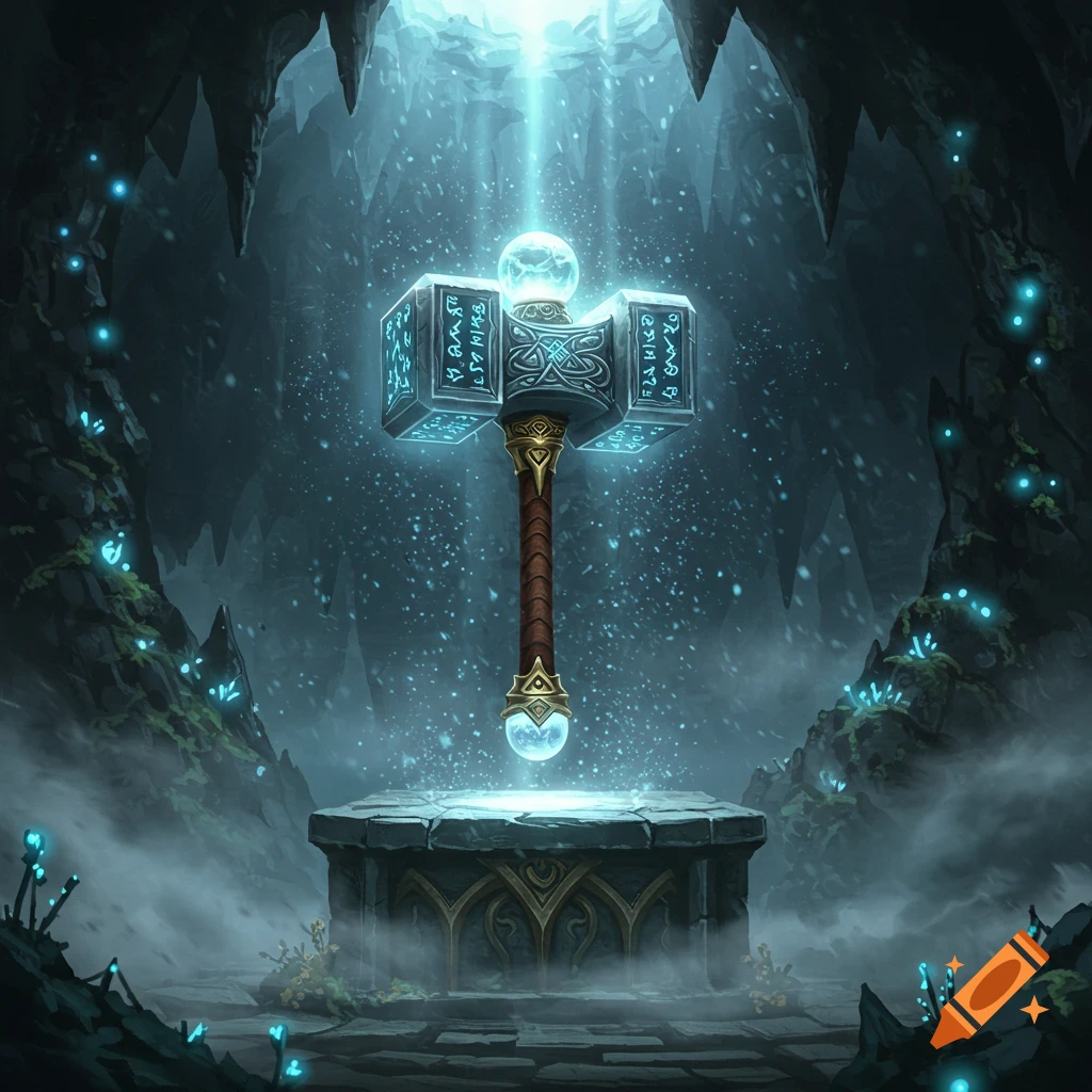 A glowing, ornate fantasy hammer with intricate runes levitates above a stone pedestal in a dark, mystical cave illuminated by blue light.
