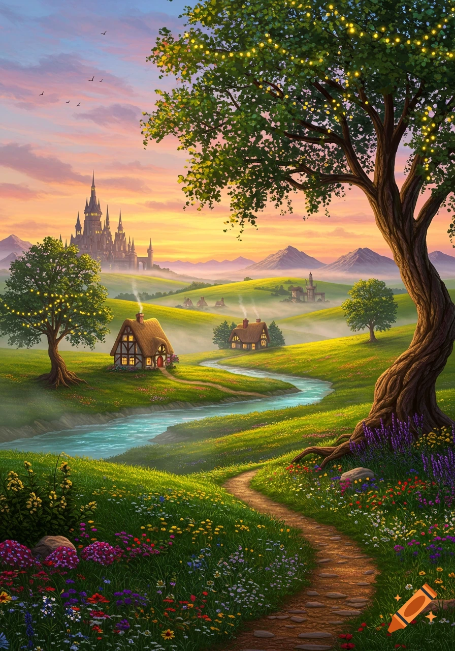 A vibrant fairy-tale landscape at sunset with a winding river, path, quaint cottages, a distant castle, and trees with glowing lights.
