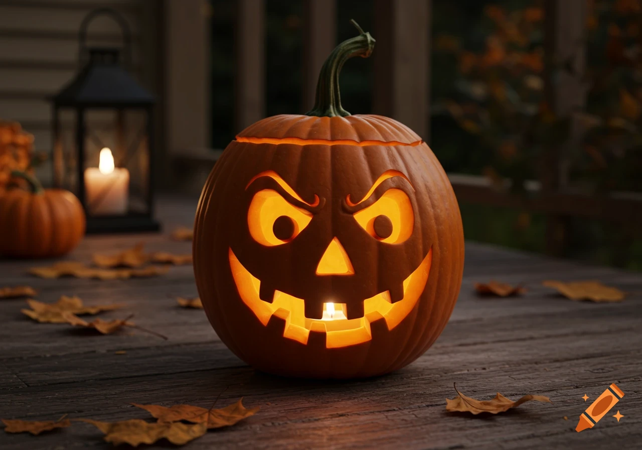 A glowing jack-o'-lantern with an angry carved face sits on a wooden deck, surrounded by autumn leaves. A lit candle in a black lantern is in the background.