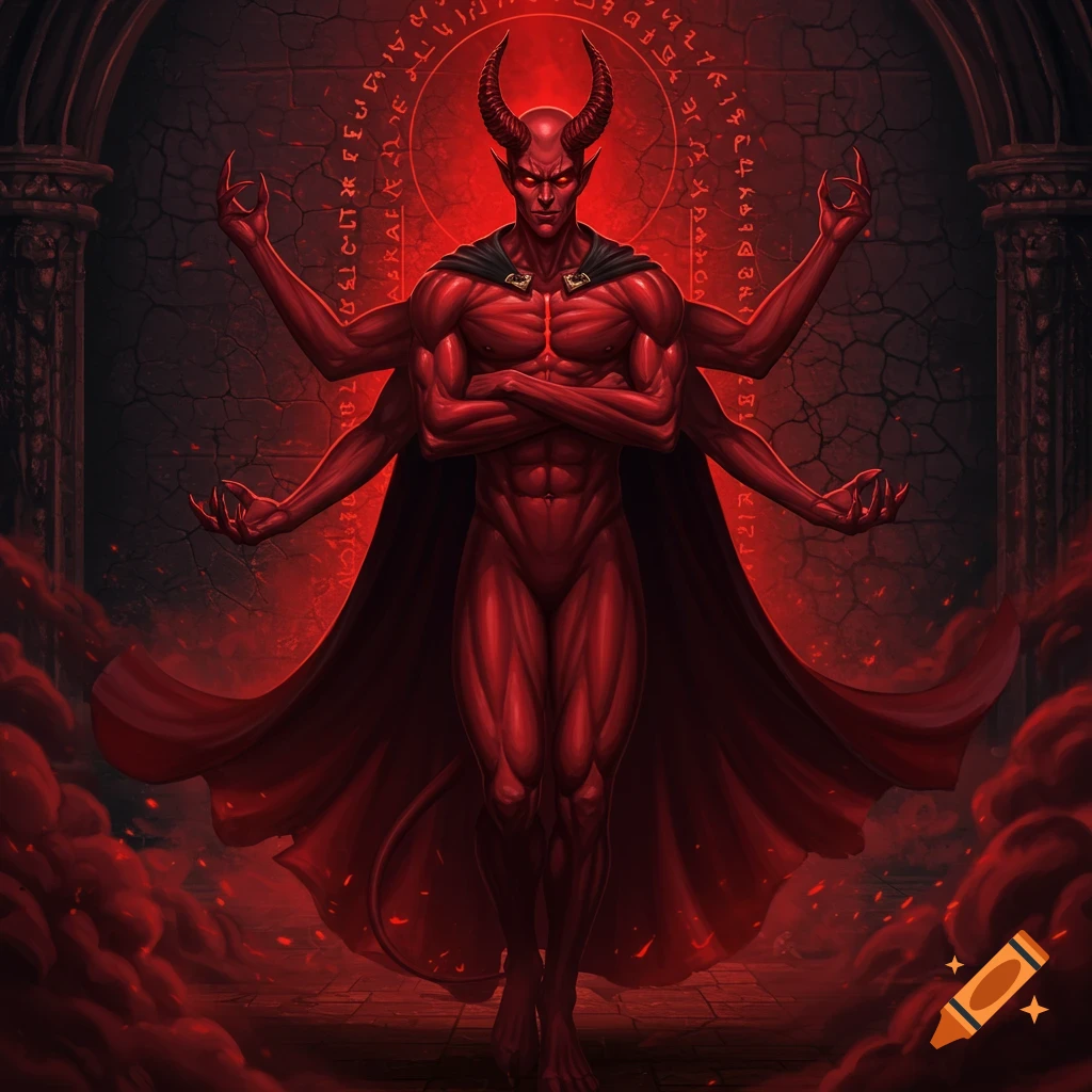 A powerful red-skinned demon with horns, a black cape, and multiple arms stands in a dark, fiery realm with a glowing runic circle.