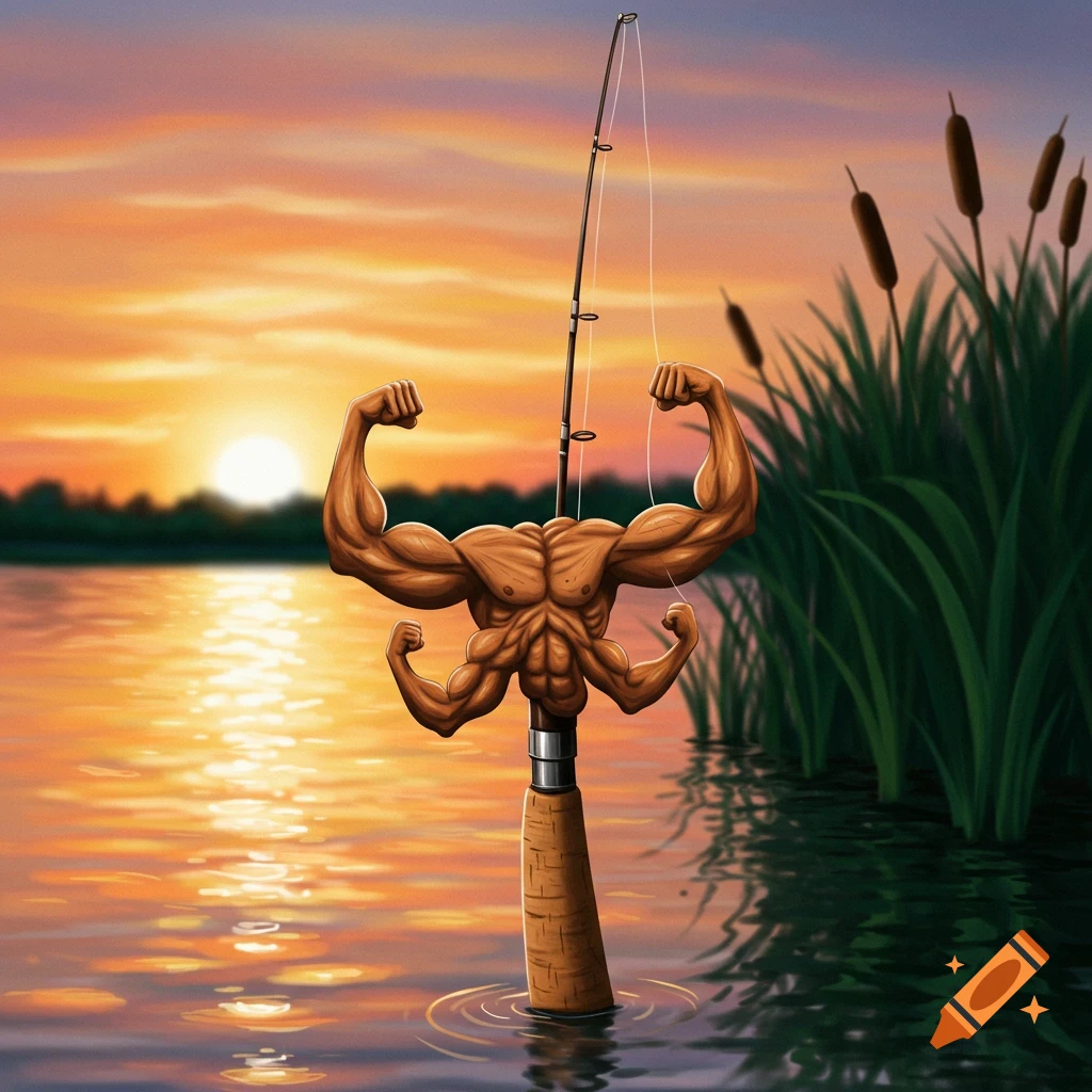 A fishing rod with multiple muscular arms flexing, emerging from a lake at sunset with reeds.