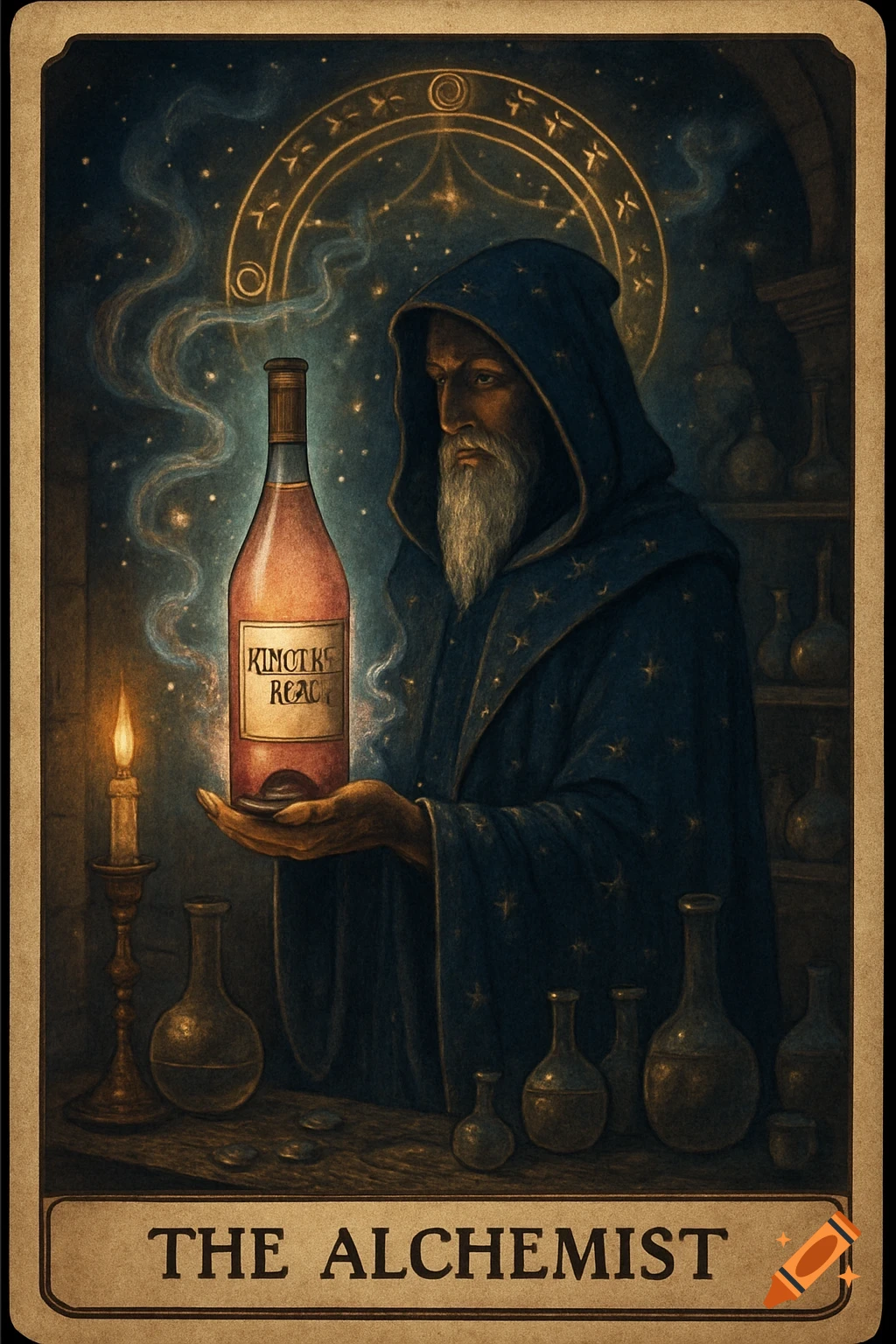 A tarot card features a hooded alchemist with a white beard, holding a glowing bottle of wine, surrounded by alchemical tools.