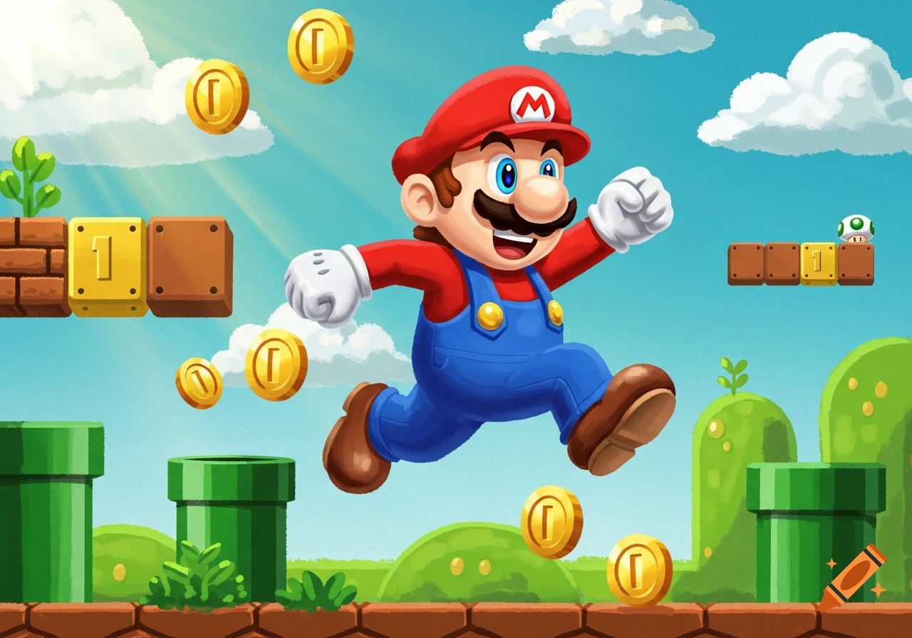 Cartoon Mario jumps through a vibrant video game world with golden coins, green pipes, and floating blocks.