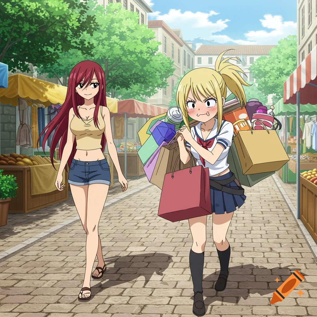 Anime style Erza and Lucy from Fairy Tail in a market. Erza walks cheerfully while Lucy struggles with many shopping bags.