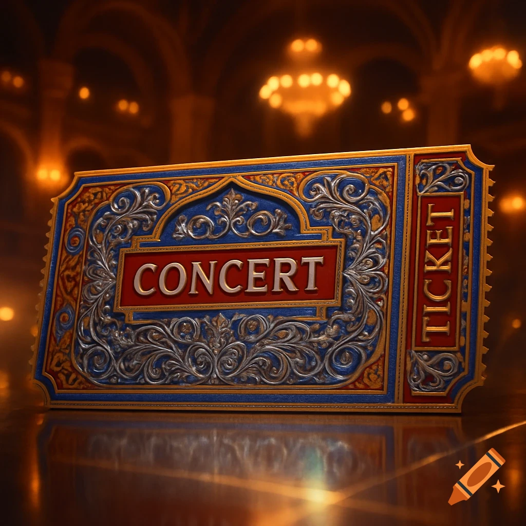 An ornate vintage-style concert ticket in gold, blue, and silver, reading 'CONCERT' and 'TICKET', in a grand hall.