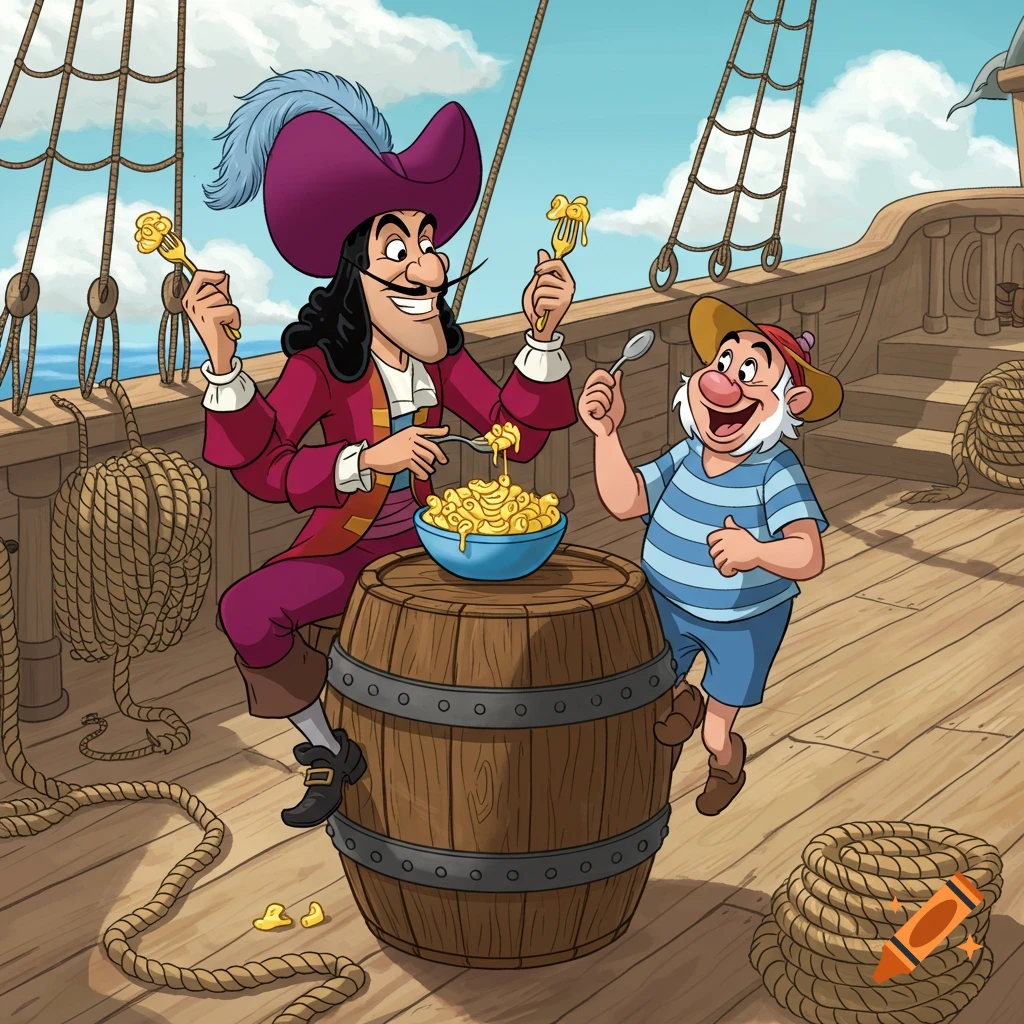 Cartoon of Captain Hook and Smee eating a bowl of mac and cheese on a ship's deck.