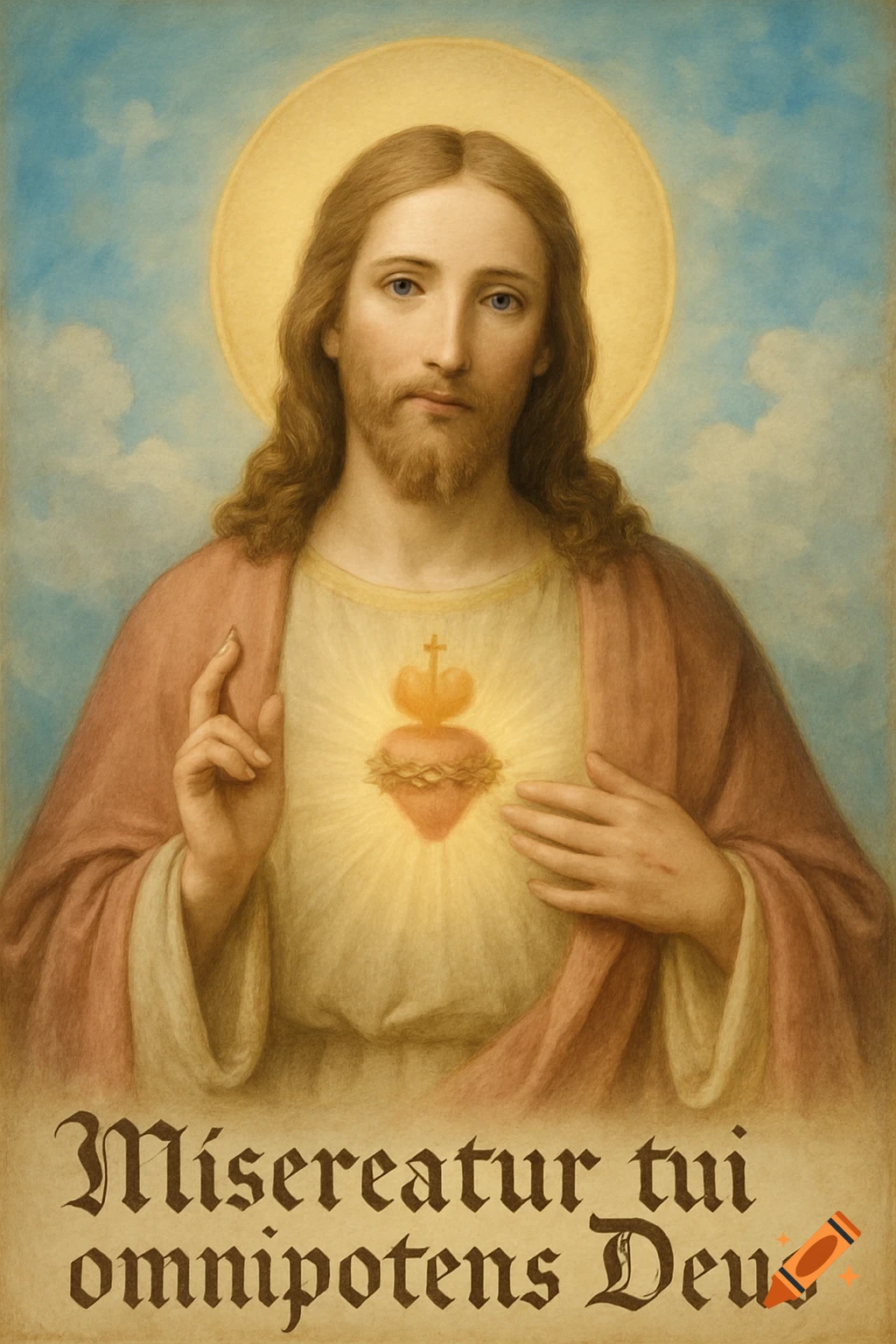Painting of Jesus Christ with a halo, his hand raised in blessing, and the Sacred Heart on his chest, with Latin text below.