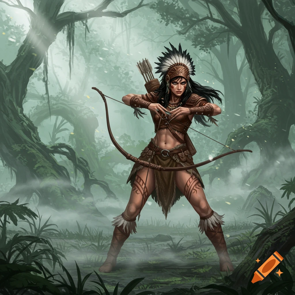 A fantasy warrior woman with a feather headdress and tribal attire holds a bow in a misty forest, ready to shoot.