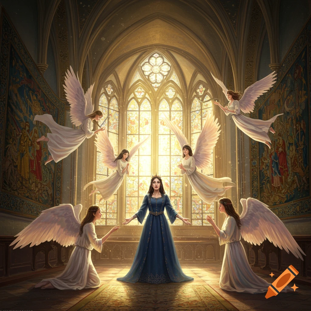 A queen in a blue gown stands in a sunlit cathedral, surrounded by five ethereal angels with white wings.