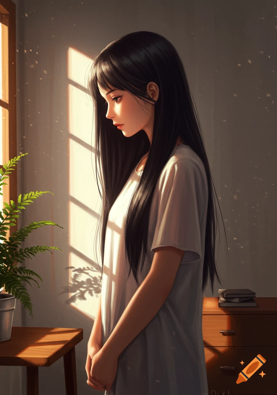 An anime girl with long black hair stands by a sunlit window, looking down, with a plant on a table beside her.