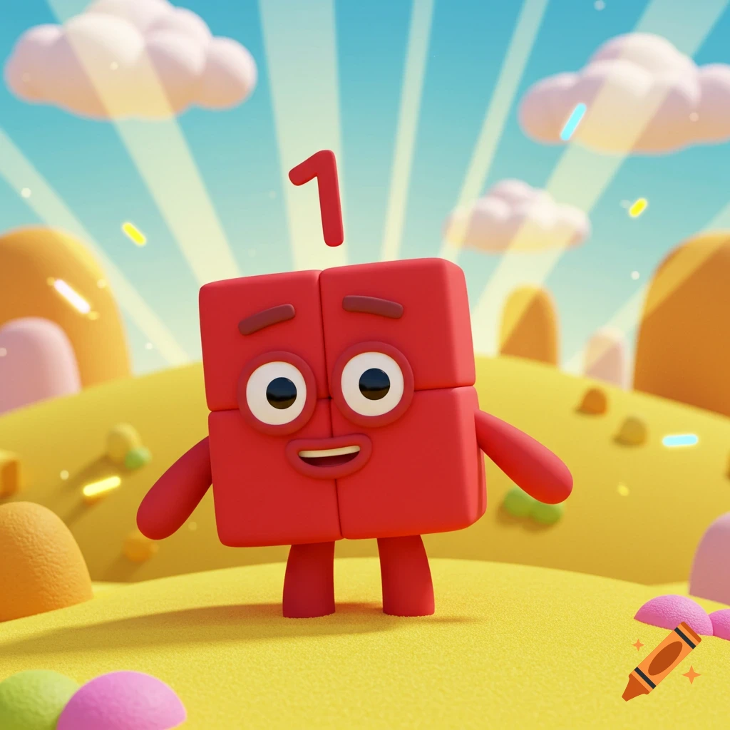 A smiling red block character, Numberblock 1, stands in a vibrant cartoon landscape under a blue sky.