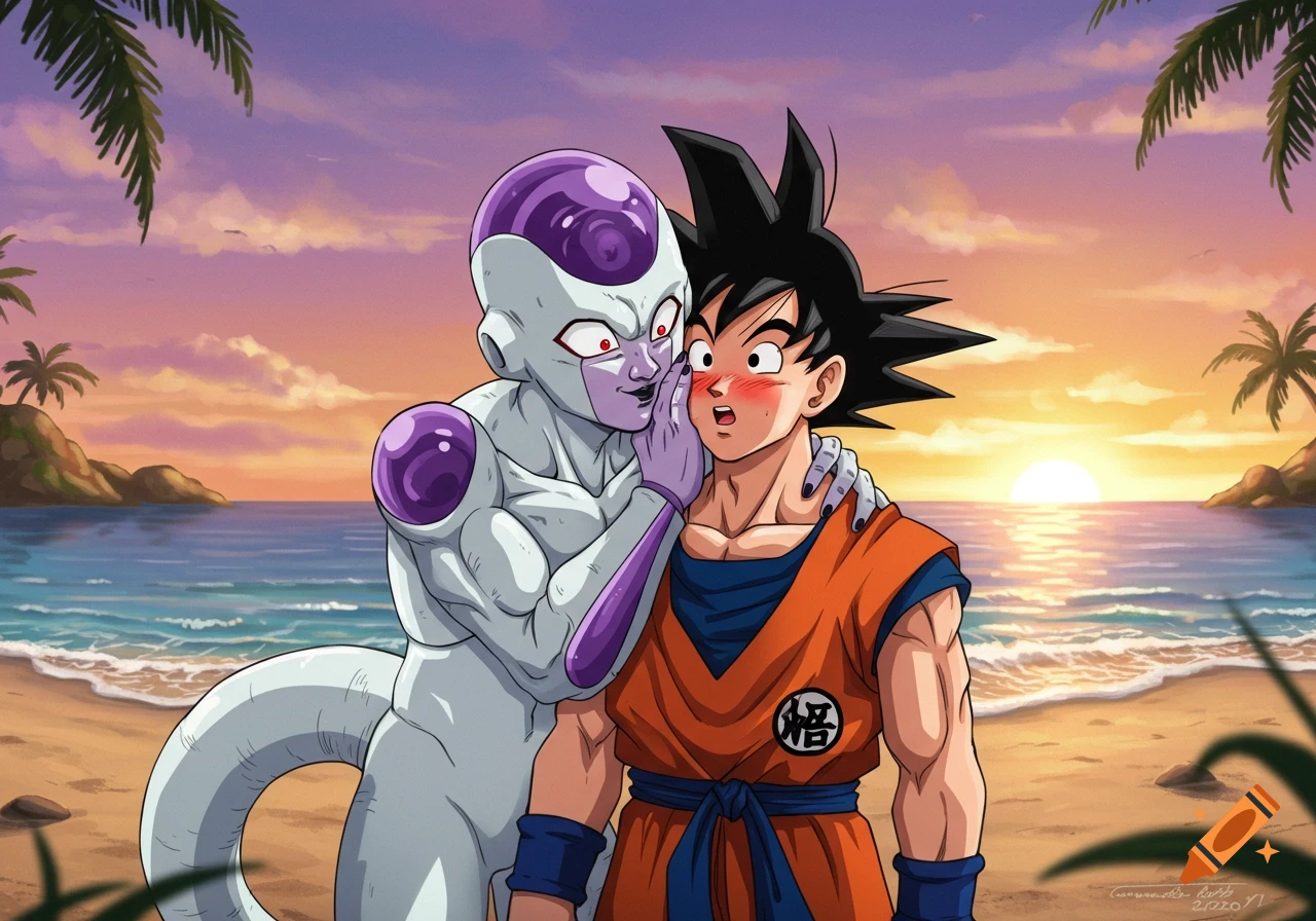 Frieza whispers into Goku's ear on a sunset beach, causing Goku to blush in an anime style.