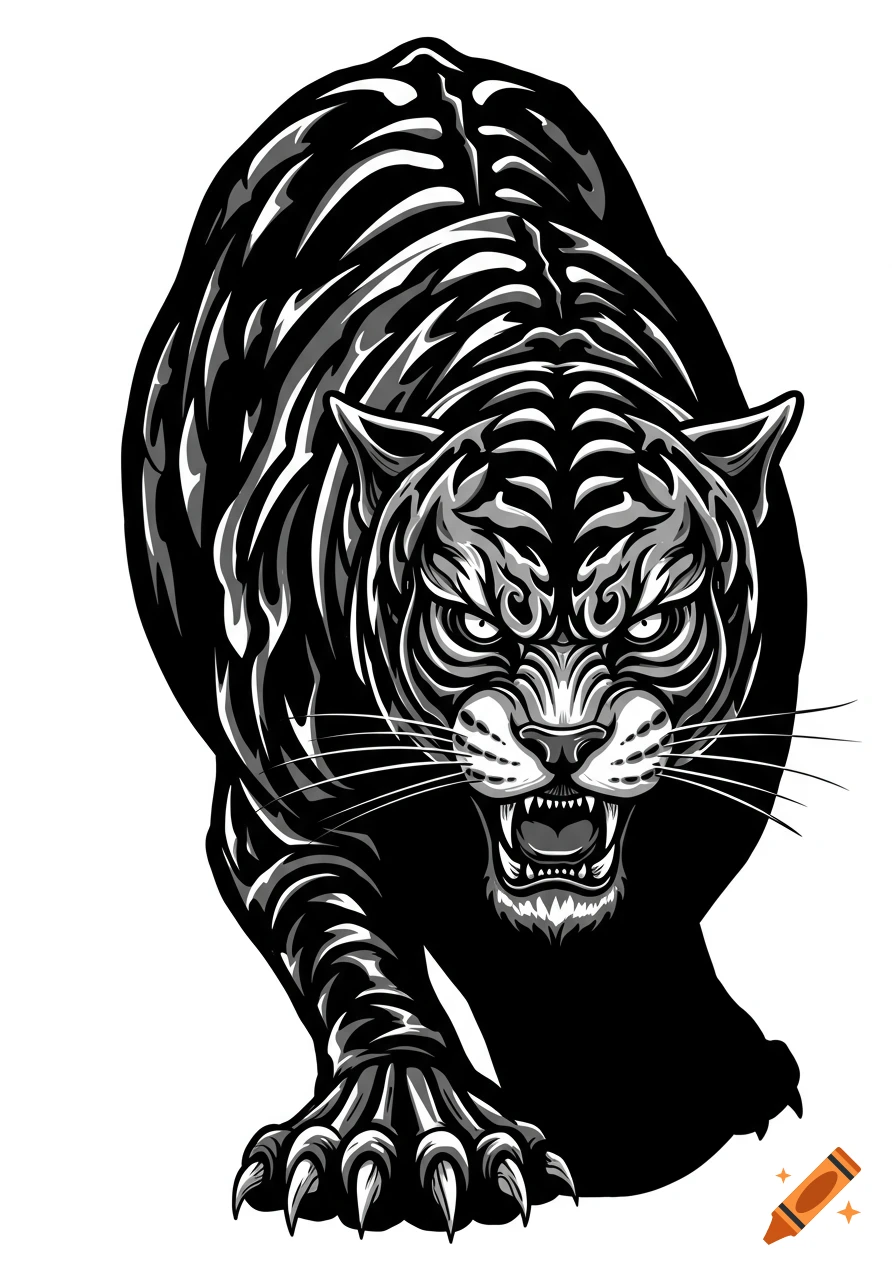 High contrast black and white vector illustration of a snarling tiger or panther.