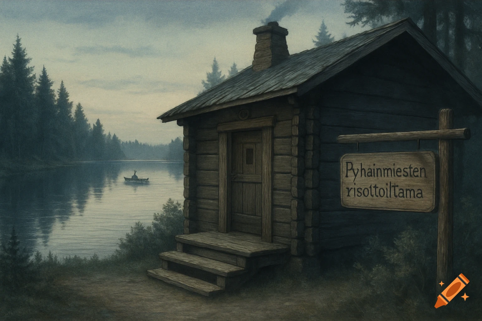 A rustic wooden cabin with a sign on a lake shore, surrounded by pine trees under a cloudy sky, with a person rowing a boat on the lake. Art style is a dark oil painting.